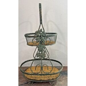 Rustic 2-Tier Metal Wire Fruit Basket Stand w/ Wicker Inserts – Grapevine Handle